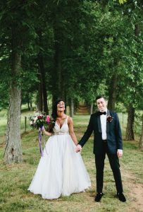 Dual photo of bride and groom holding hands outdoors and bride twirling the skirt of her gown